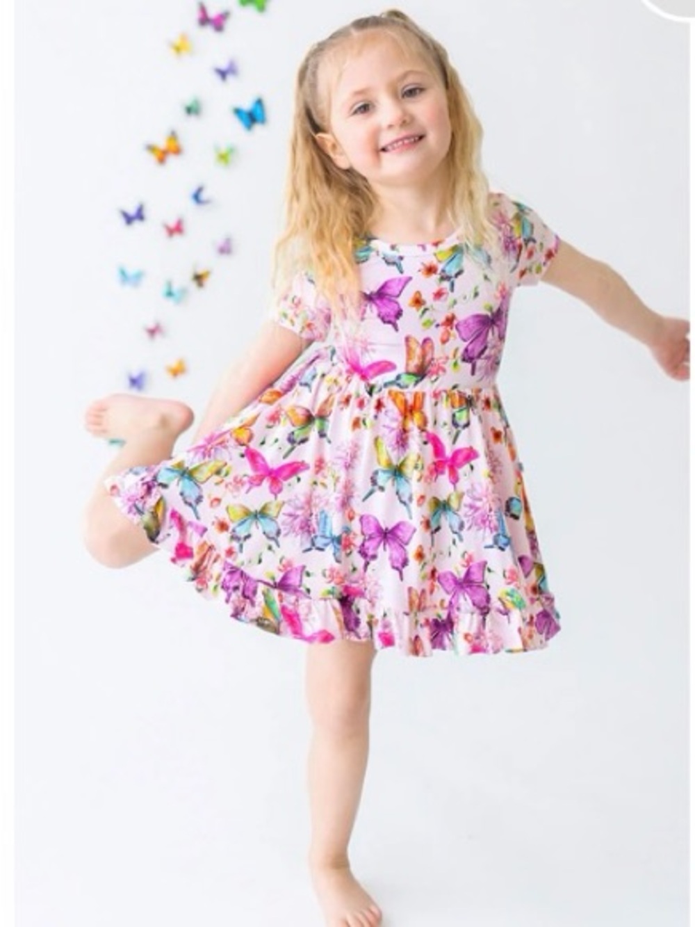 Posh Peanut White Floral Butterfly Twirl Dress - Pink, Purple, Blue